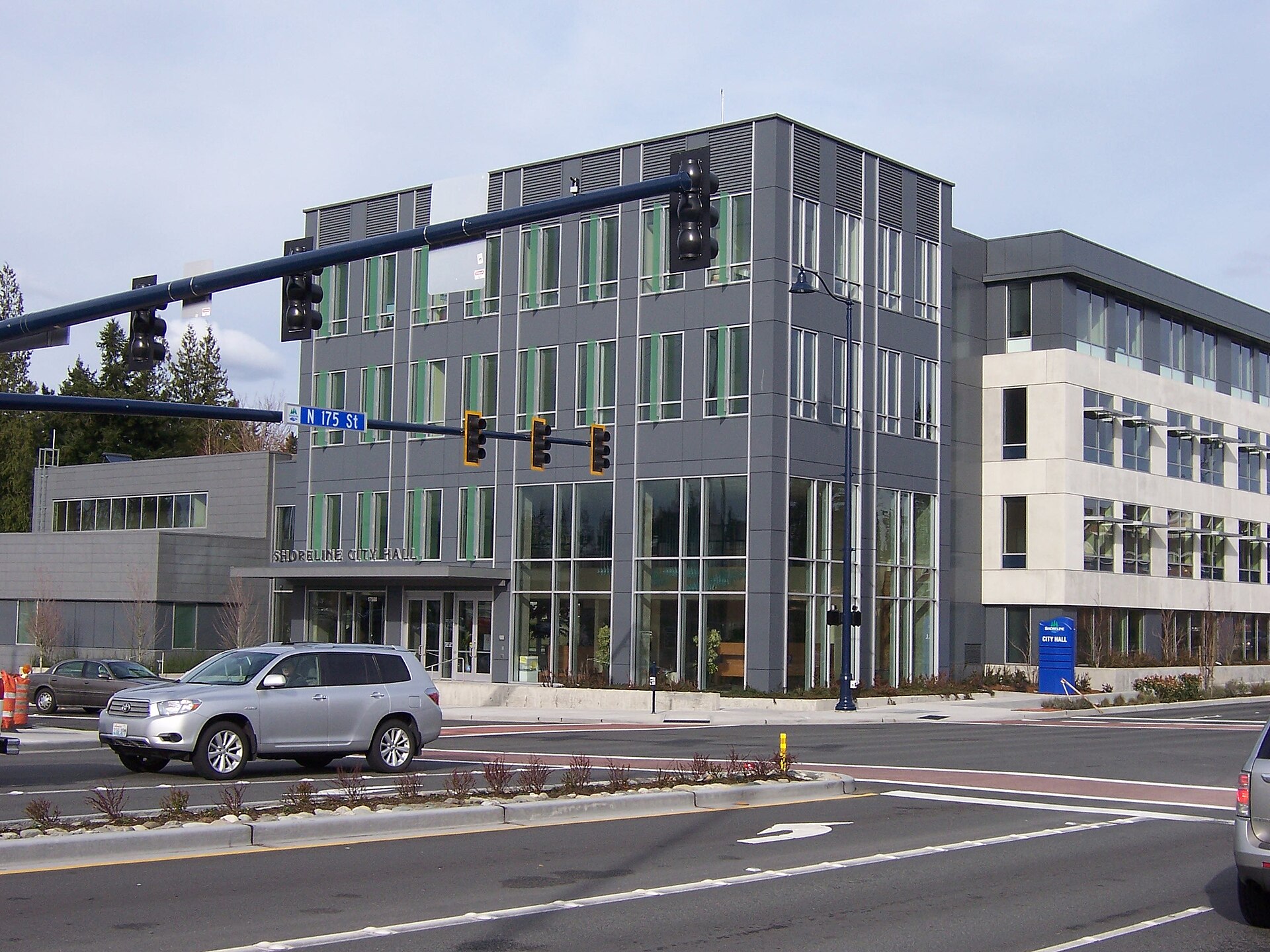 Looking northeast towards City Hall at the corner of Midvale Avenue and 175th St in Shoreline, Washington, USA.