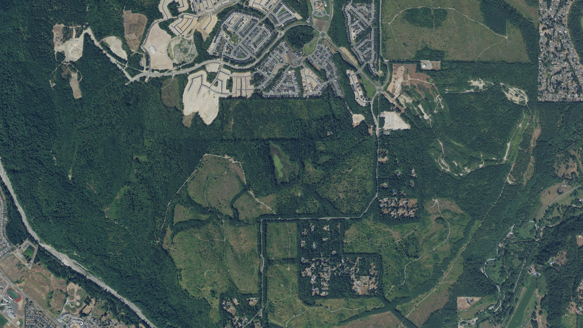 Natural-color aerial photograph of land around Tehaleh, Washington