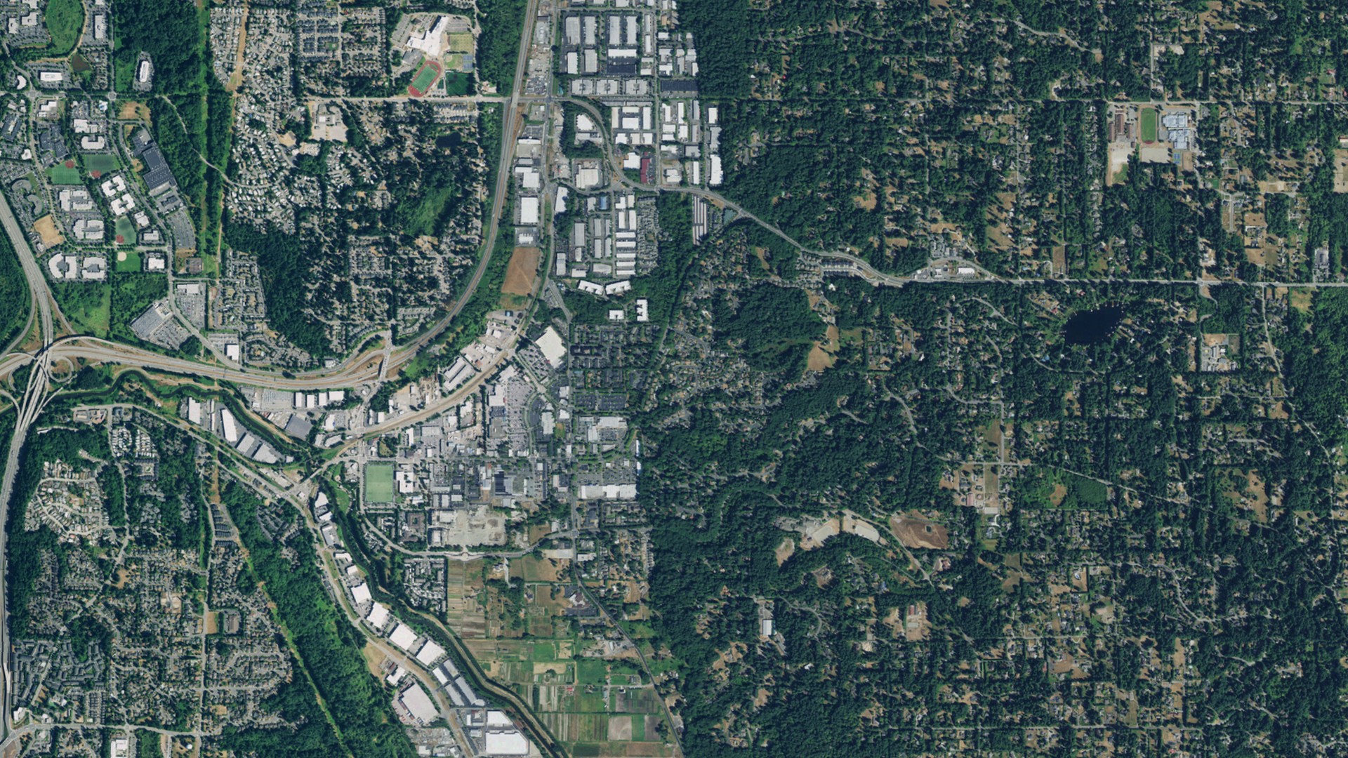 Natural-color aerial photograph of land around Woodinville, Washington