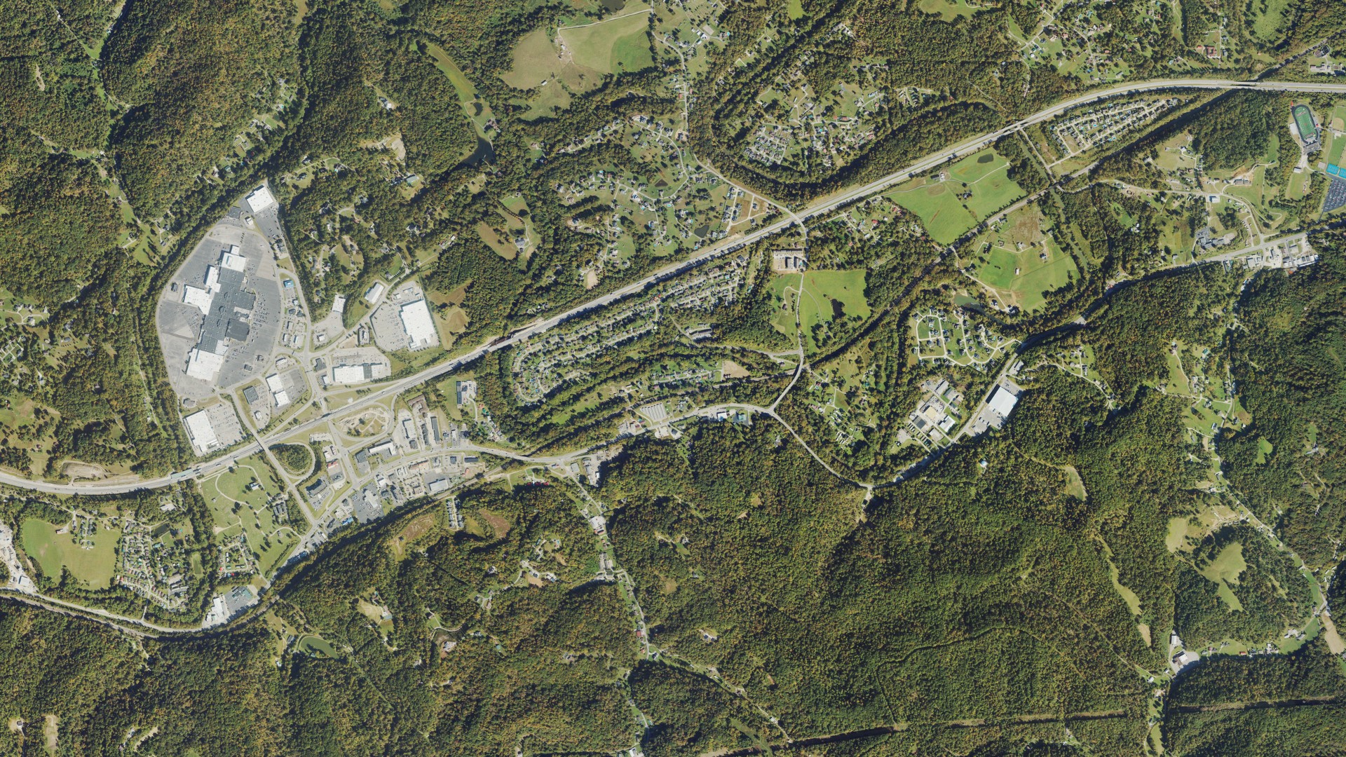 Natural-color aerial photograph of land around Cabell County, West Virginia