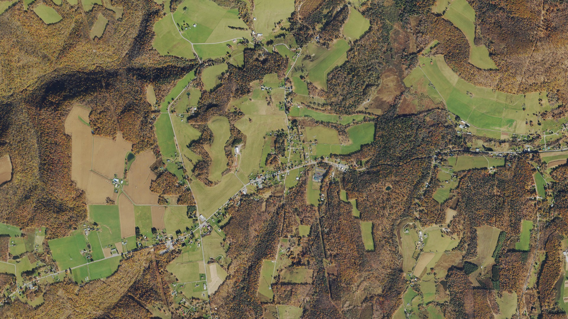 Natural-color aerial photograph of land around Aurora, West Virginia