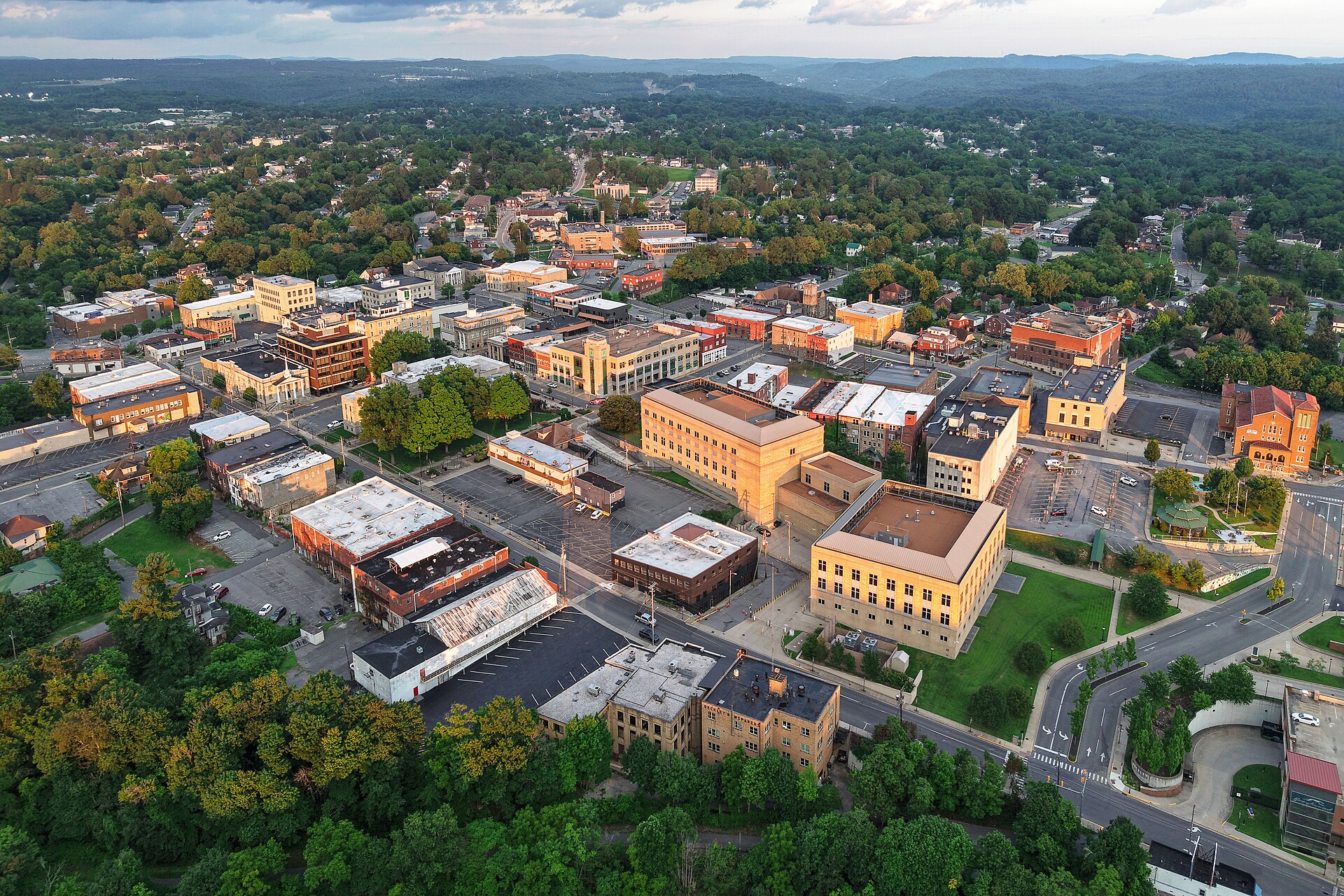 Aerial view of downtown Beckley, West Virginia, a city of 17,286 residents and a commercial hub for the surrounding coalfields.