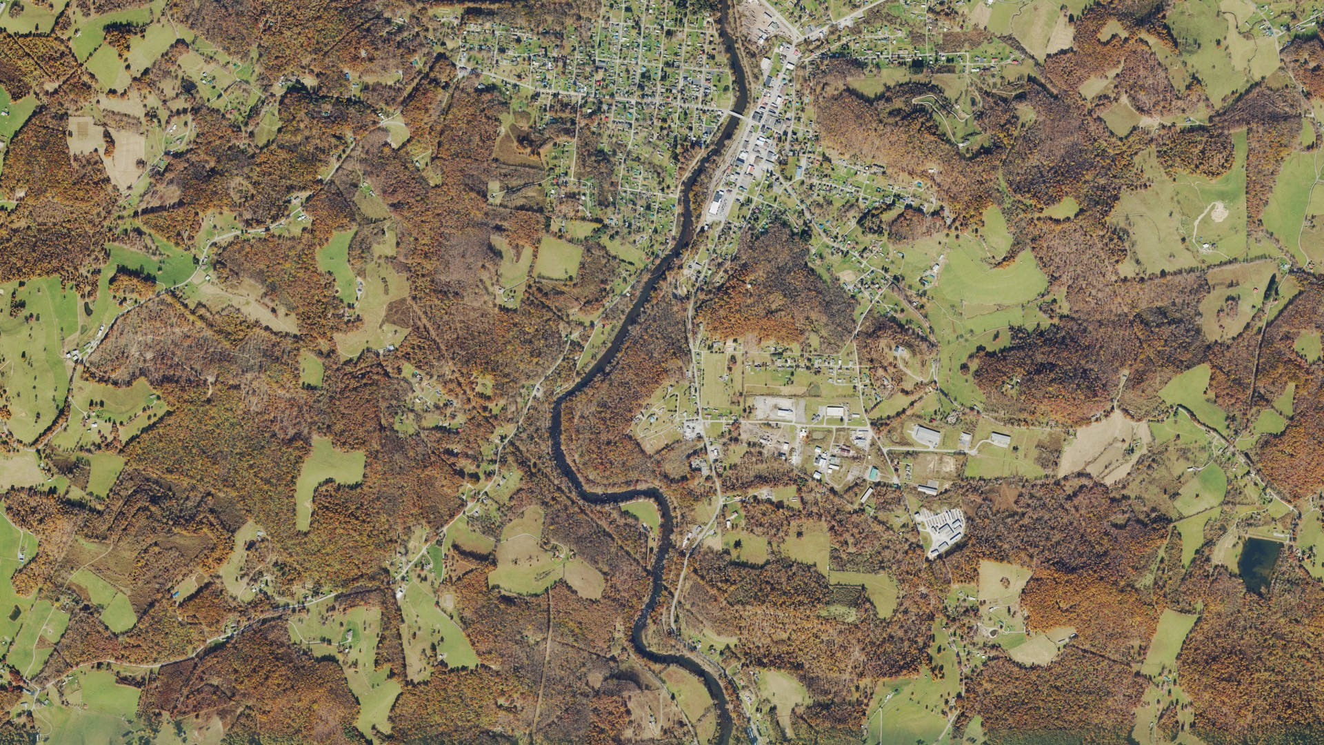 Natural-color aerial photograph of land around Belington, West Virginia