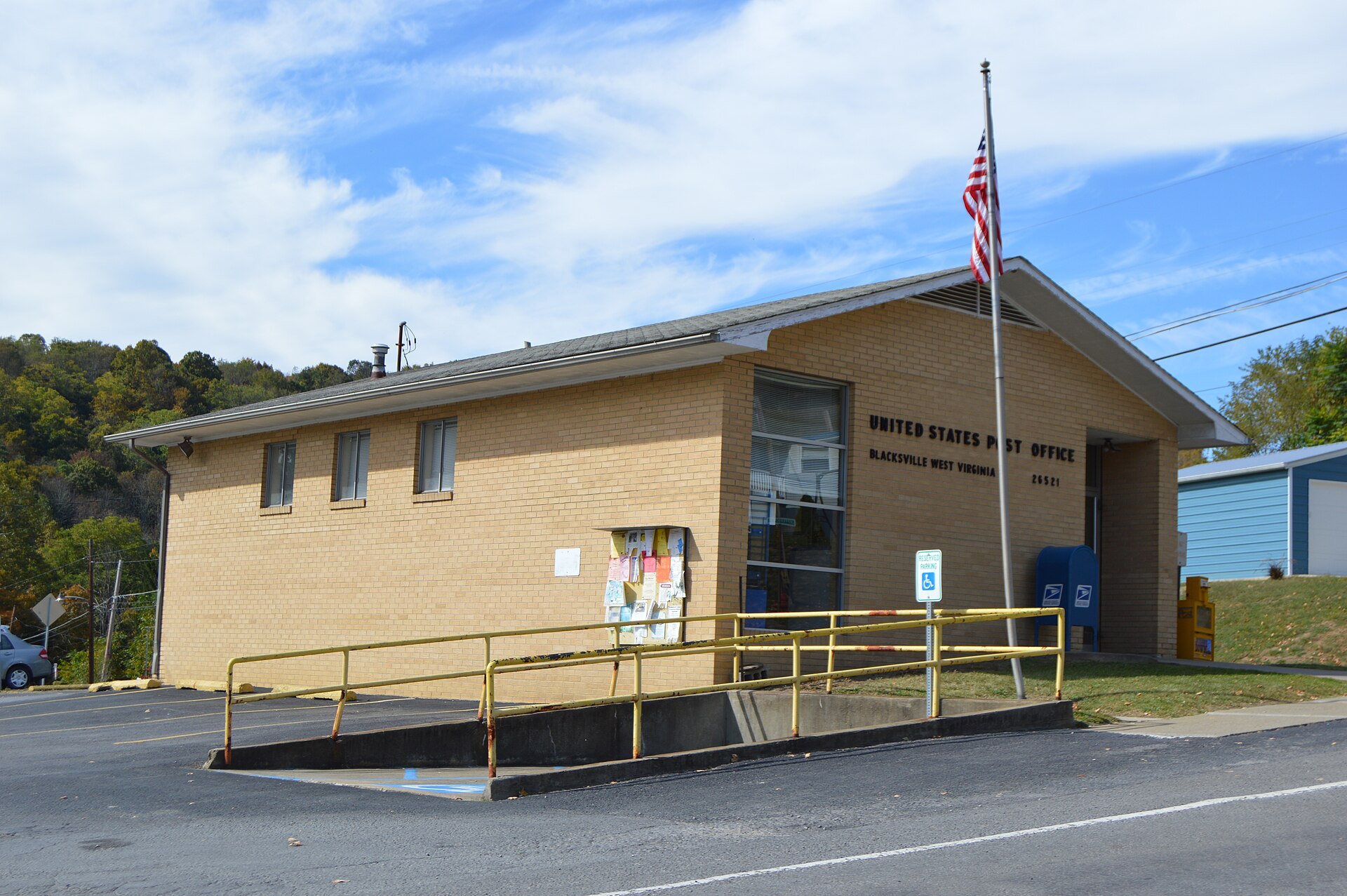 Front and southern side of the post office in Blacksville, West Virginia, United States, located at 46 Daybrook Road (West Virginia Route 218.