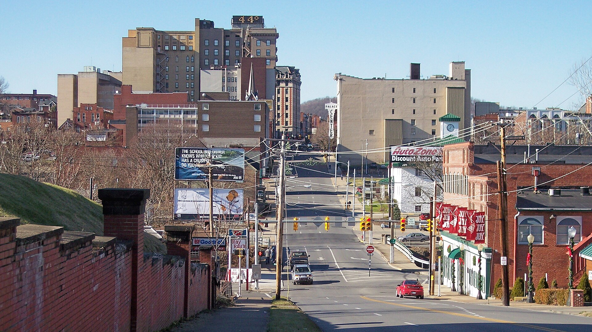 w:Clarksburg, West Virginia as viewed from the east on Main Street