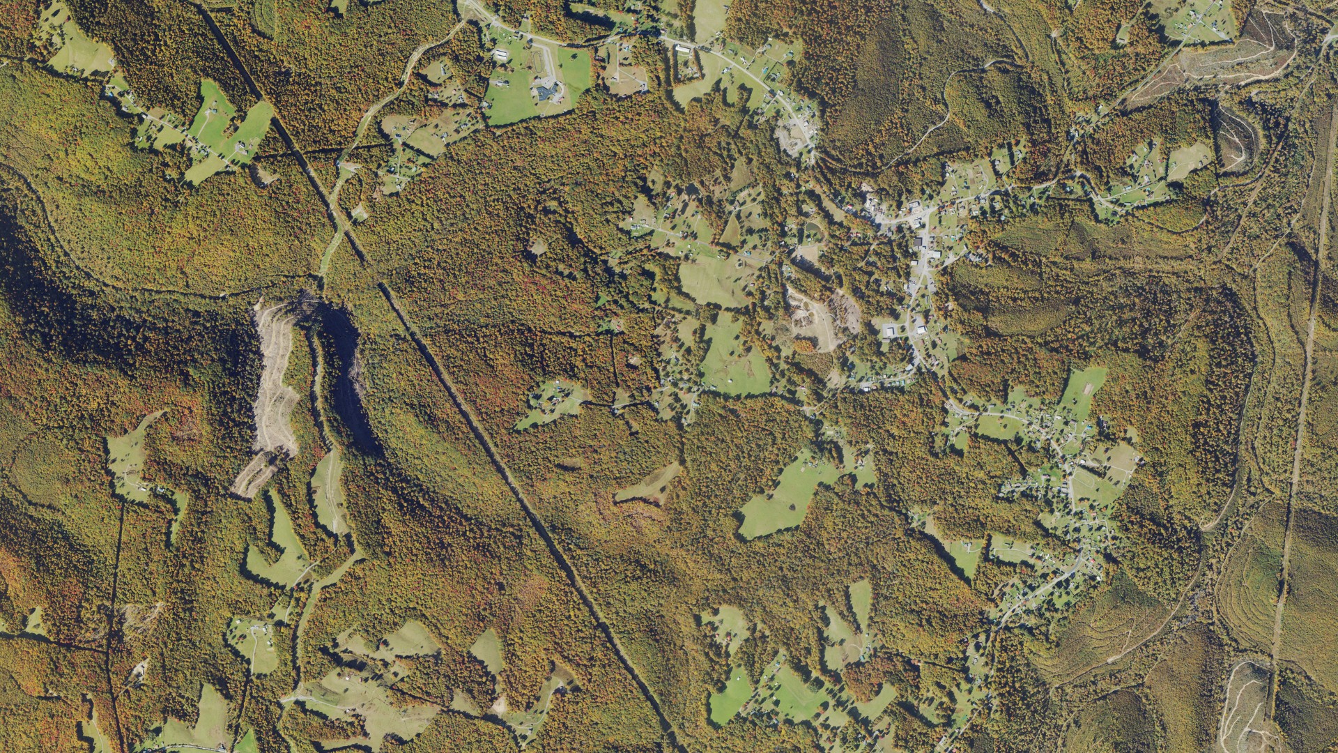 Natural-color aerial photograph of land around Nettie, West Virginia
