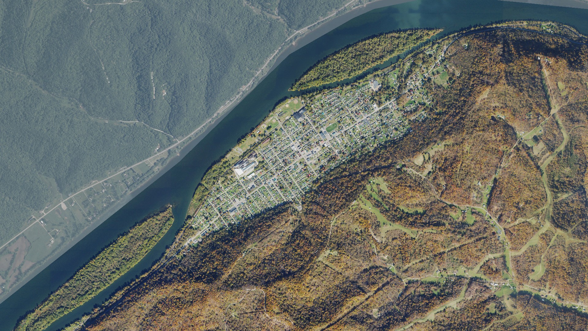 Natural-color aerial photograph of land around Paden City, West Virginia