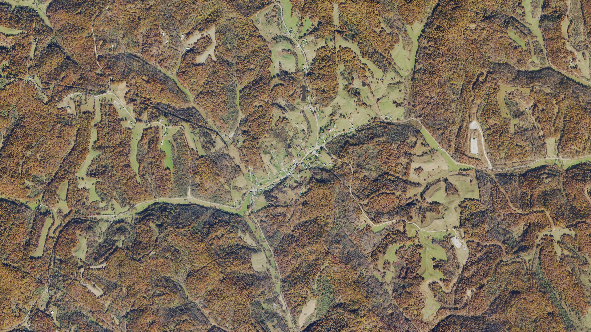Natural-color aerial photograph of land around Pullman, West Virginia