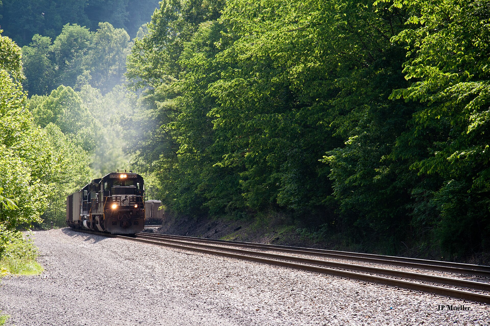 This past Memorial Day weekend I took a trip to the Norfolk Southern Christiansburg District and ventured onto the Pocahontas Division. A loaded coal train struggles up the grade in Vivian Bottoms, WV. — West Virginia