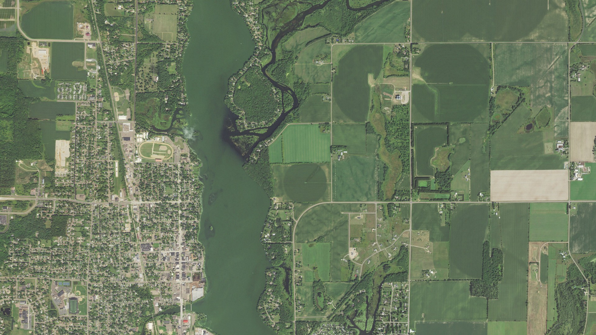 Aerial view of land around Rice Lake, Wisconsin