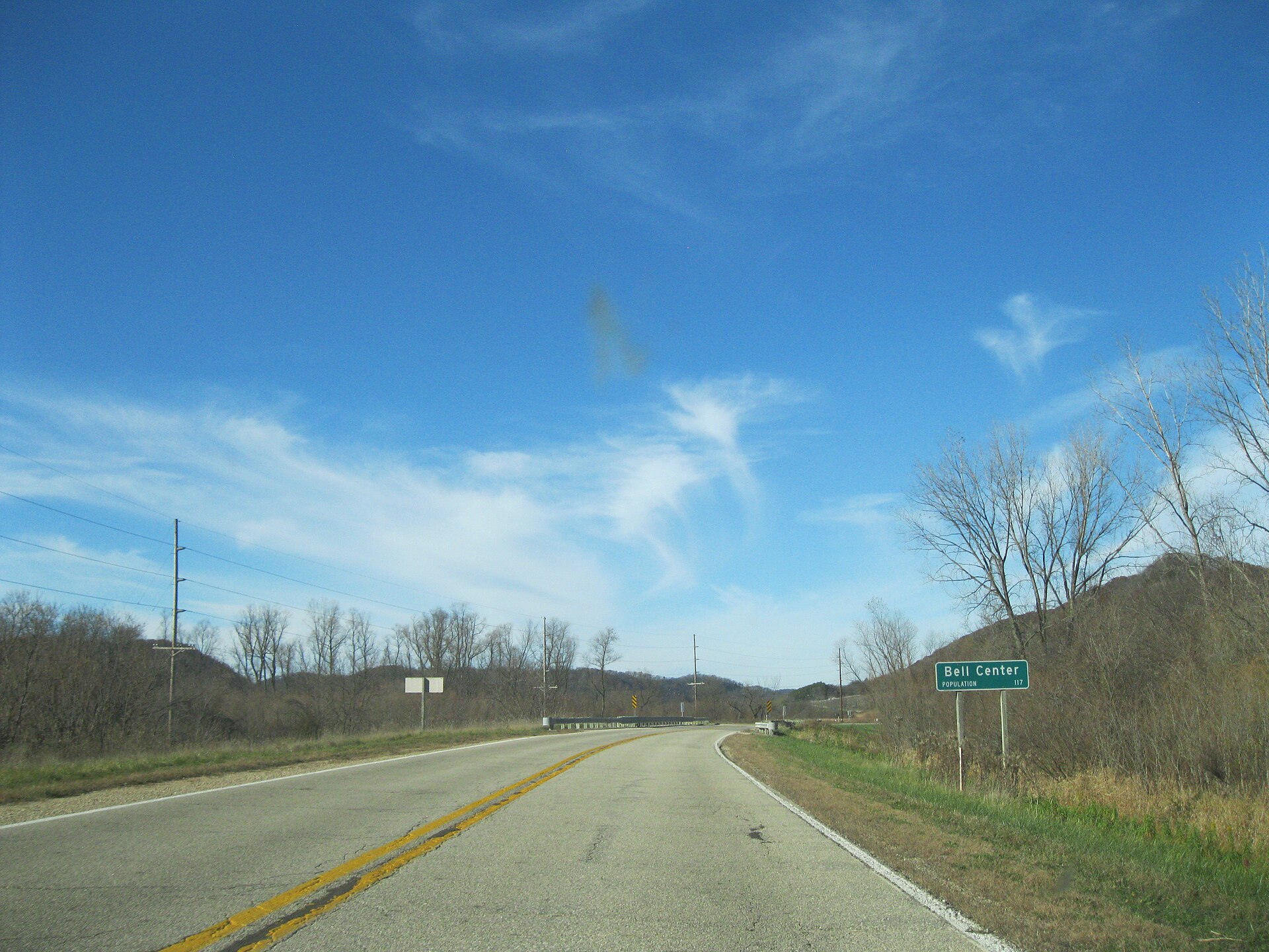 Entering Bell Center, Wisconsin from the south on Wisconsin Highway 131.