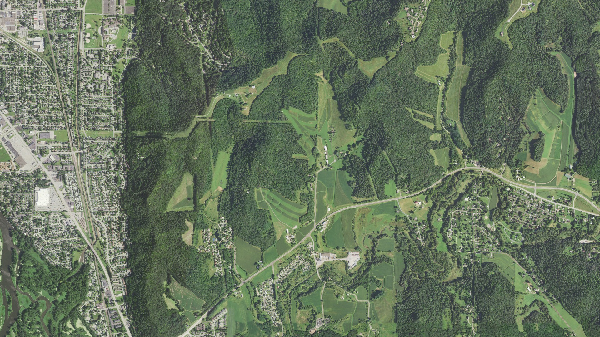 Natural-color aerial photograph of land around Shelby, Wisconsin