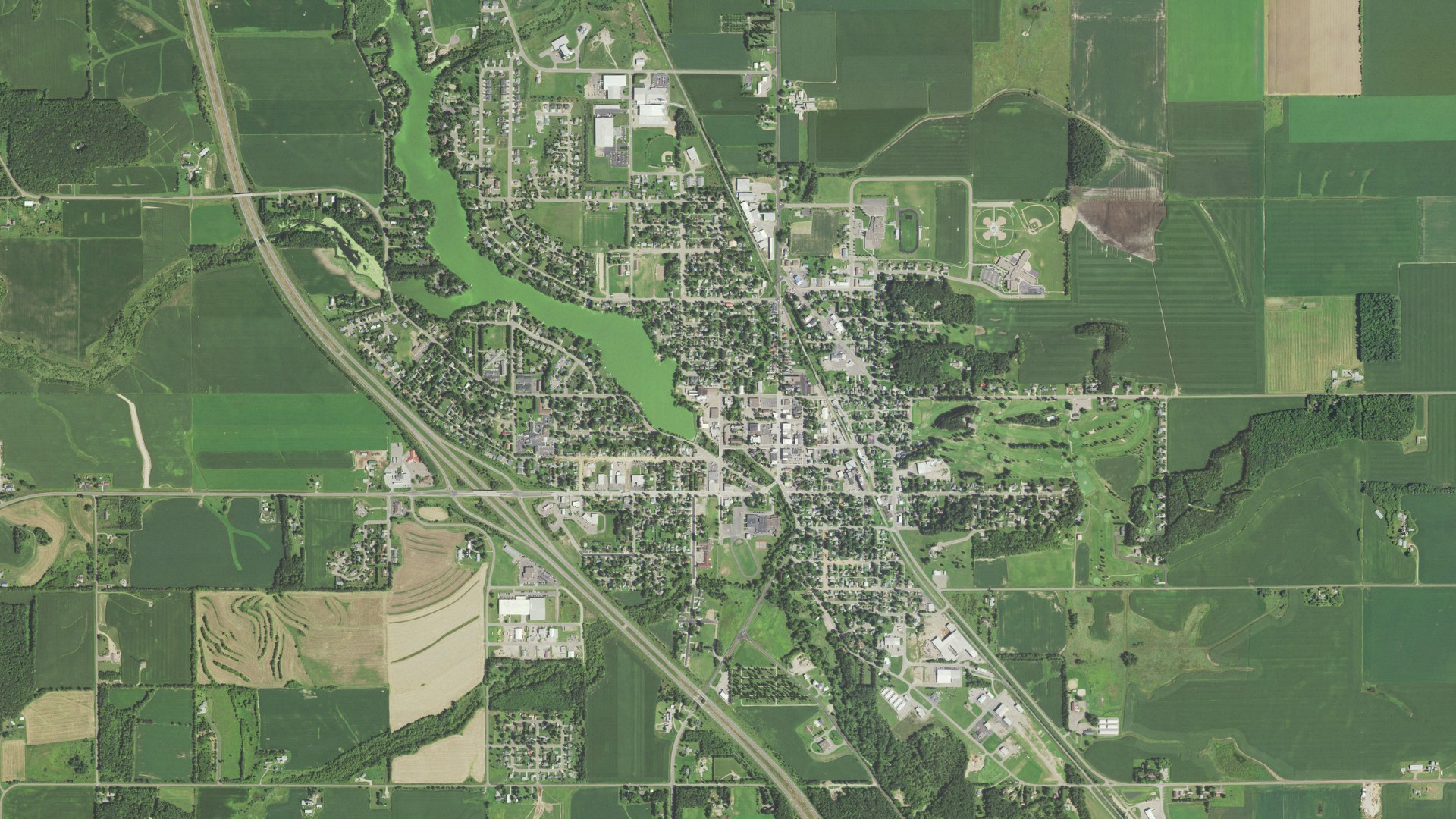 Aerial view of land around Bloomer, Wisconsin