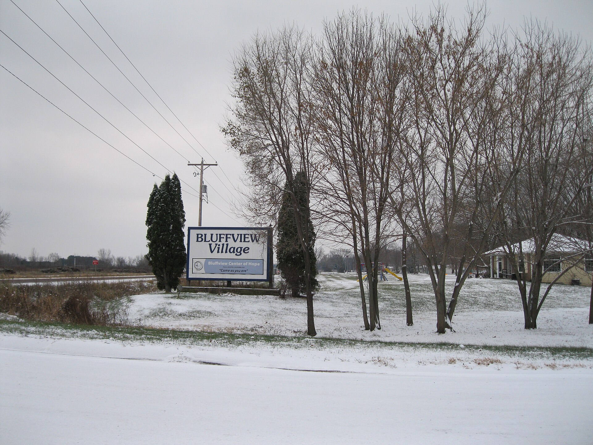 Welcome sign in Bluffview, Wisconsin, an unincorporated community in Sauk County.
