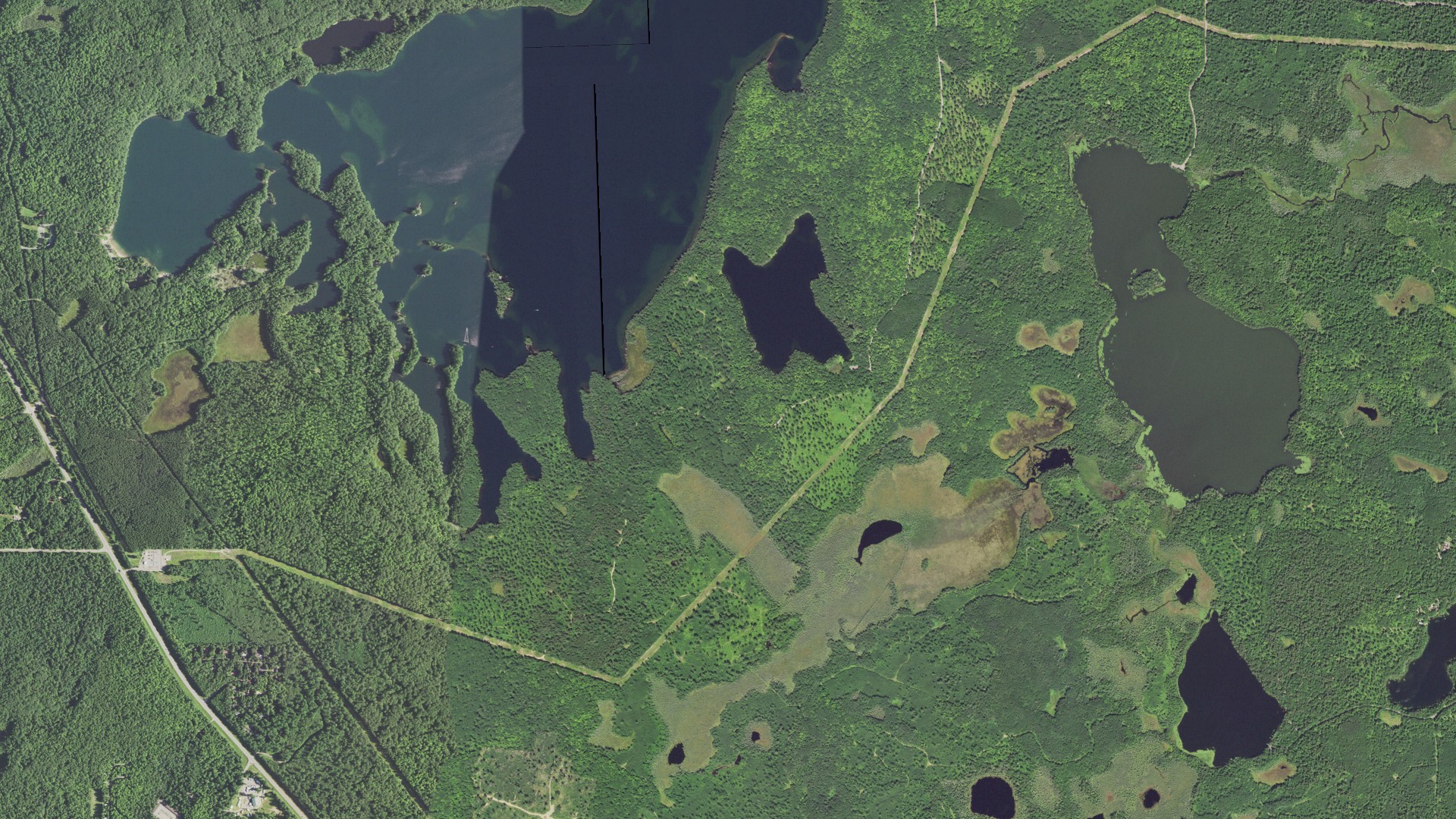 Natural-color aerial photograph of land around Woodruff, Wisconsin