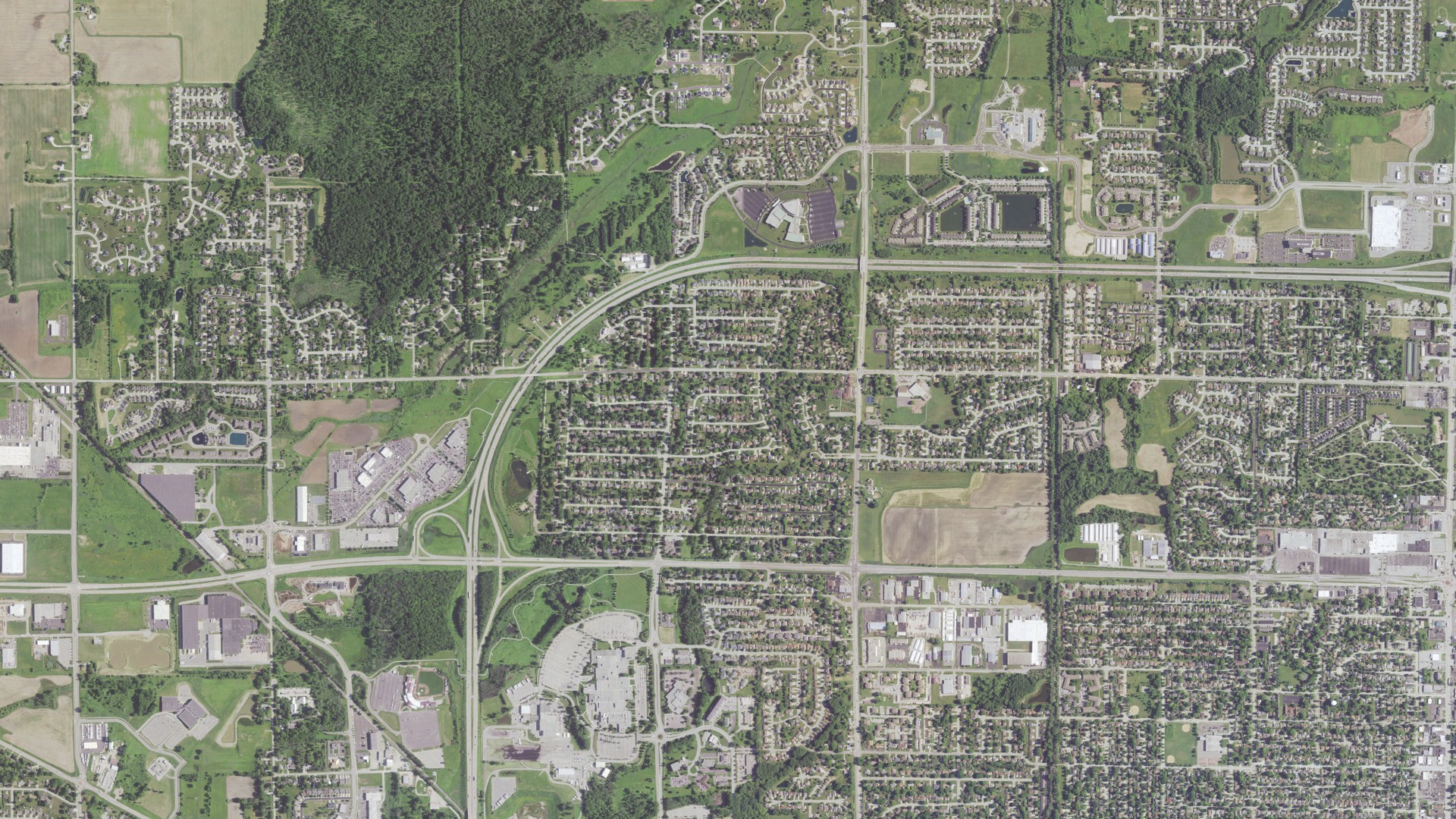 Natural-color aerial photograph of land around Grand Chute, Wisconsin