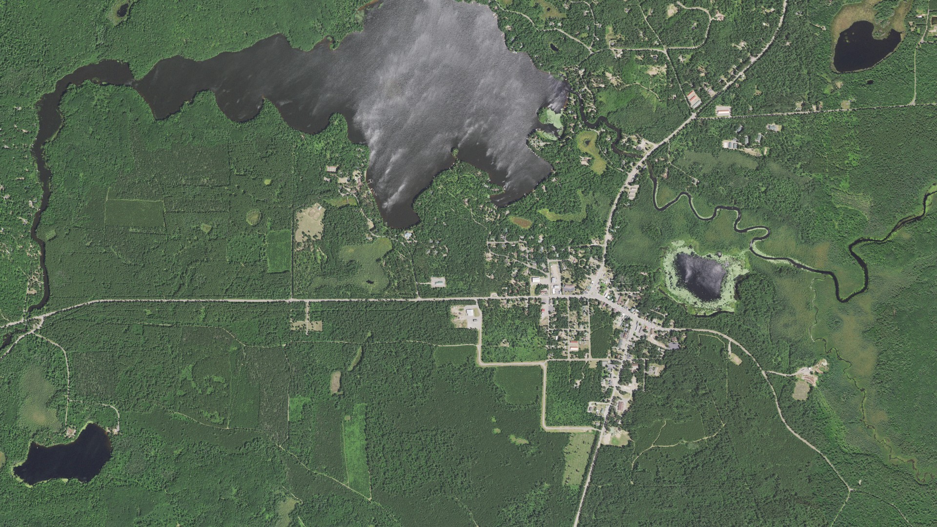 Natural-color aerial photograph of land around Boulder Junction, Wisconsin