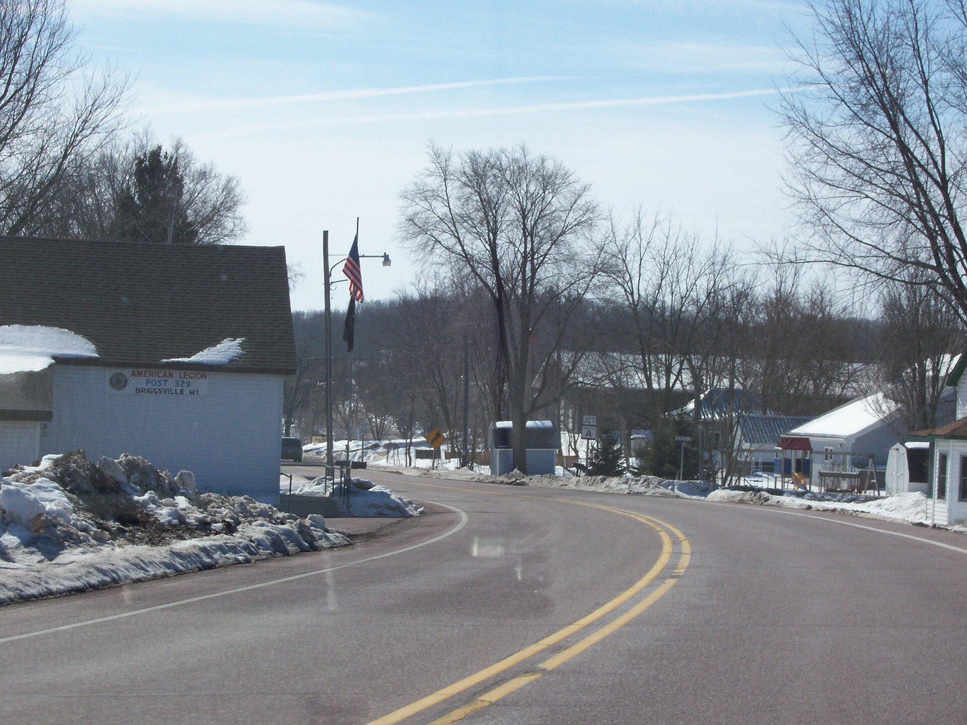 Looking south at Briggsville, Wisconsin, USA while travelling on Wisconsin Highway 23. Taken March 11, 2007 by myself.