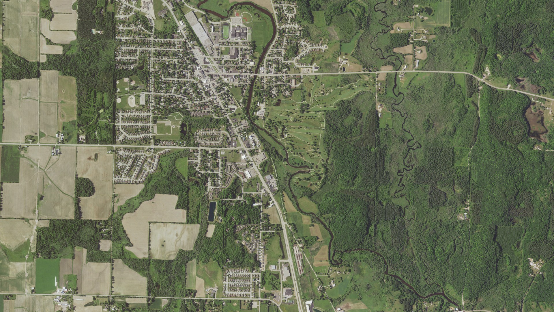 Natural-color aerial photograph of land around Kewaskum, Wisconsin