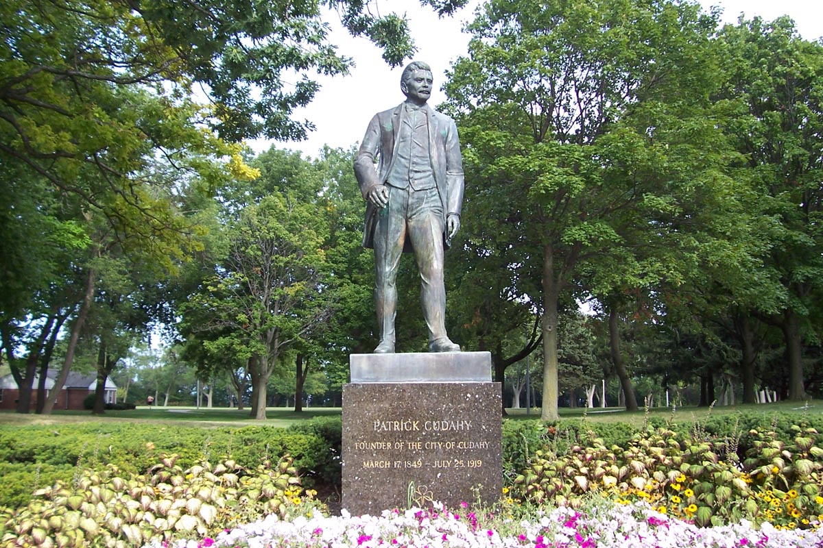 Memorial statue of city founder Patrick Cudahy, located on the grounds of Sheridan Park in Cudahy, Wisconsin. It was dedicated on April 9,1964.