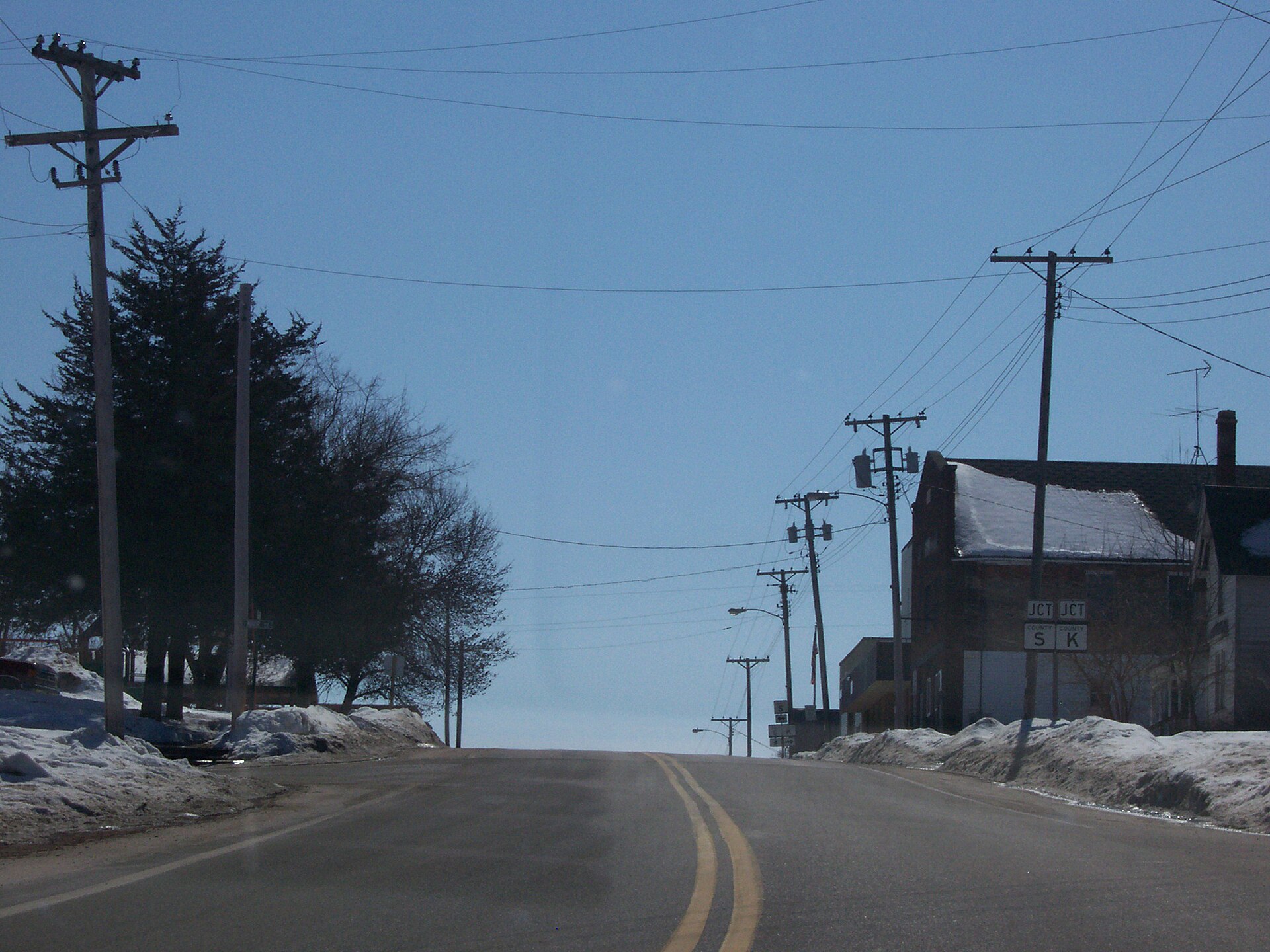 Looking south at the center of Lime Ridge, Wisconsin, USA while travelling on County Highway K. Taken March 11, 2007 by myself.