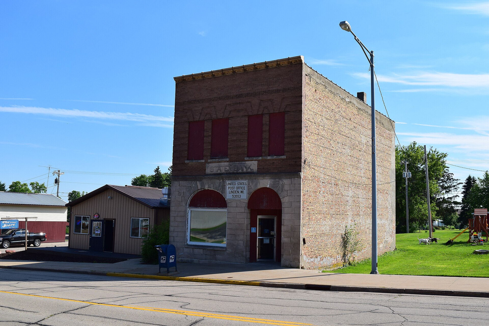 Post office in a historic bank building in Linden, Wisconsin.