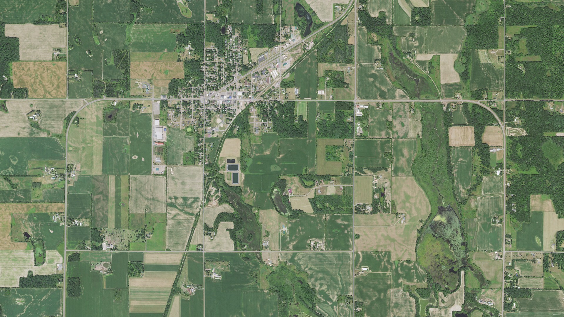 Natural-color aerial photograph of land around Milltown, Wisconsin