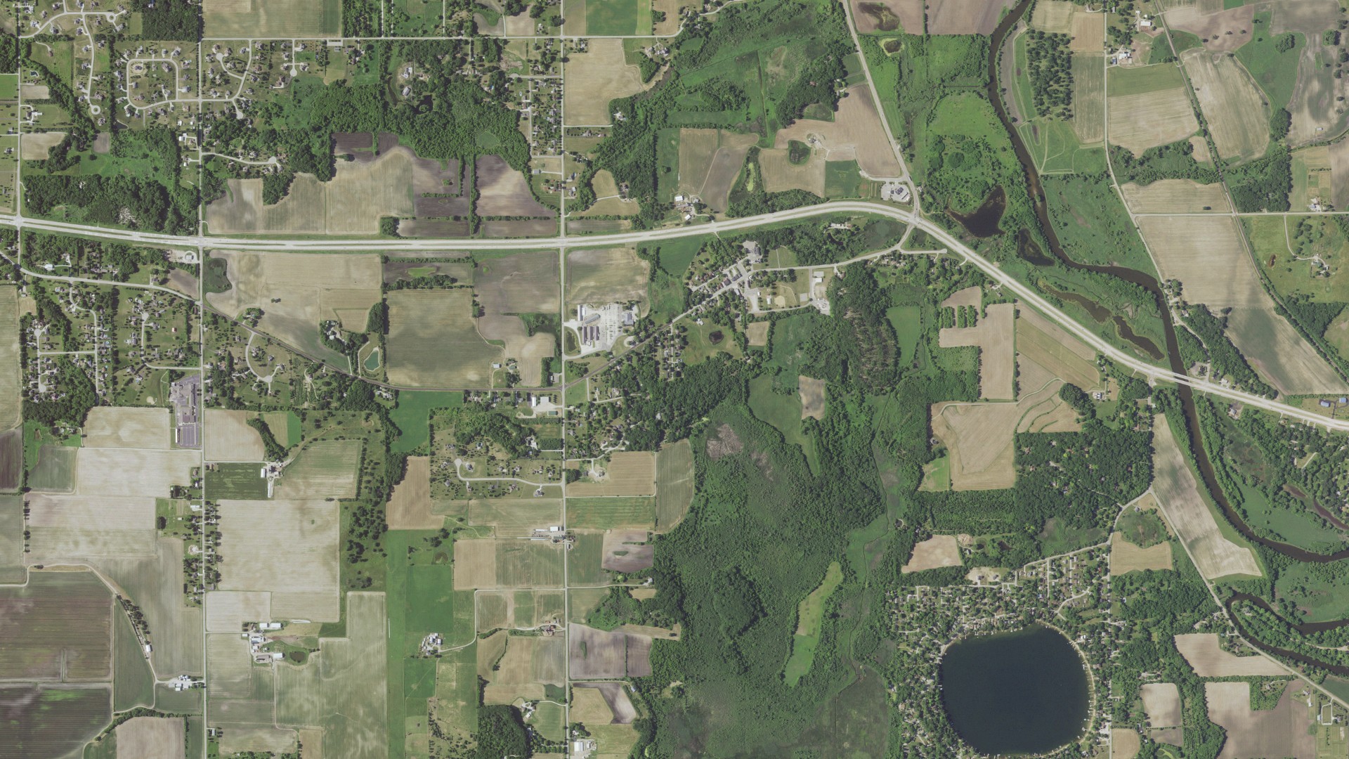 Natural-color aerial photograph of land around New Munster, Wisconsin