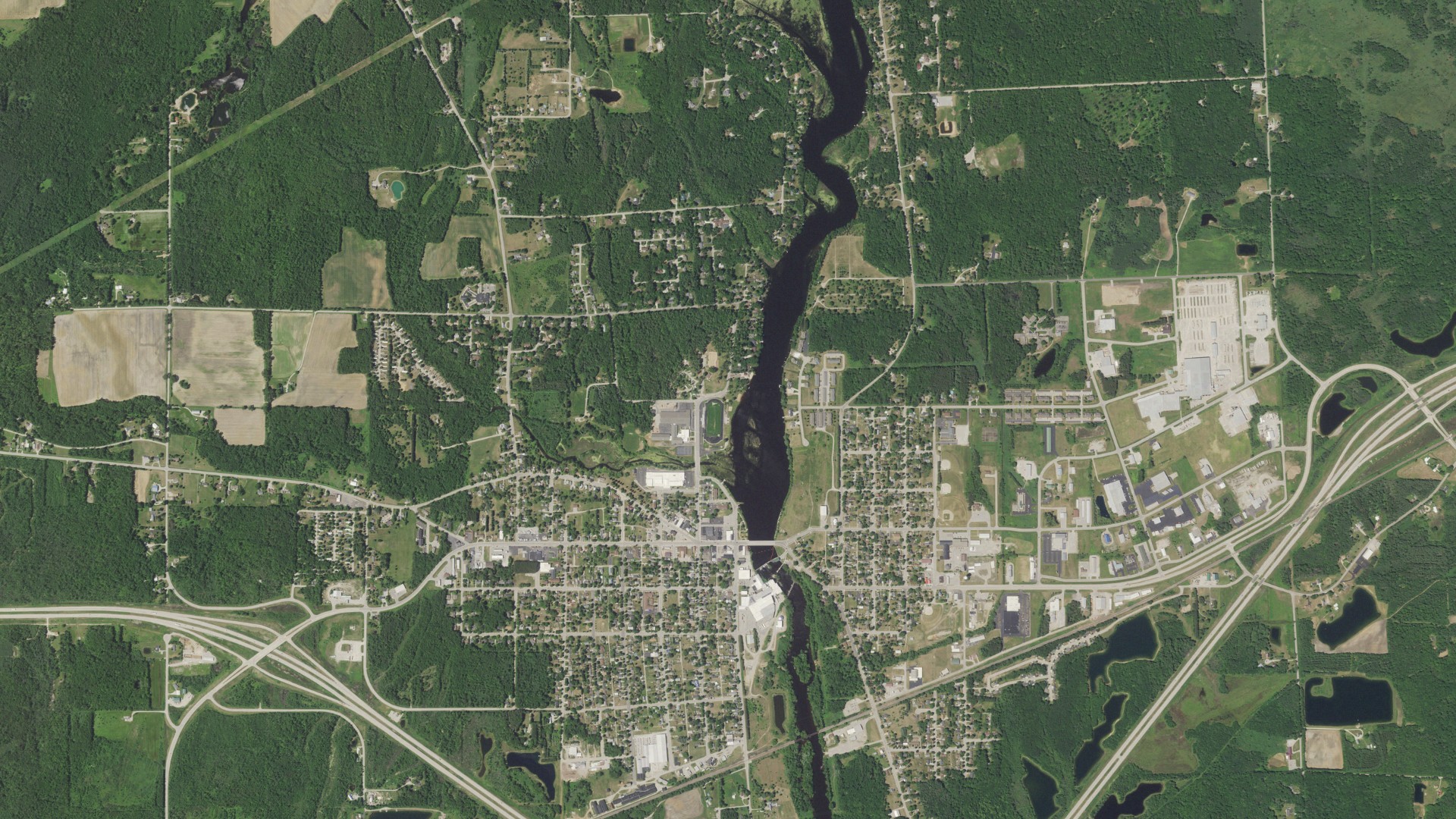 Aerial view of land around Peshtigo, Wisconsin