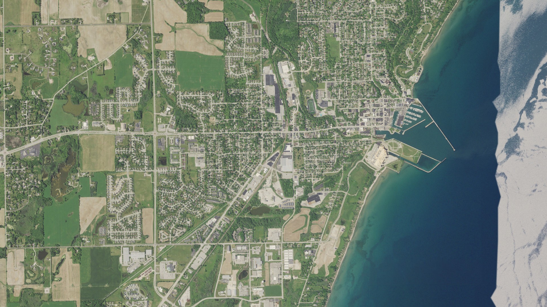 Natural-color aerial photograph of land around Port Washington, Wisconsin