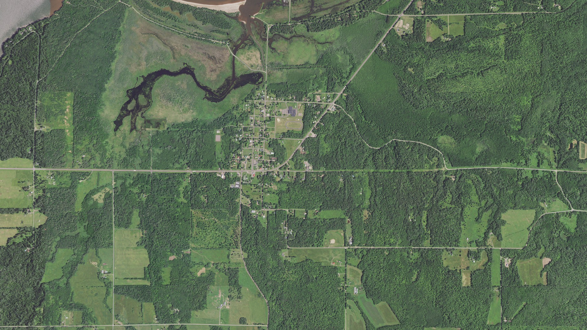 Natural-color aerial photograph of land around Port Wing, Wisconsin