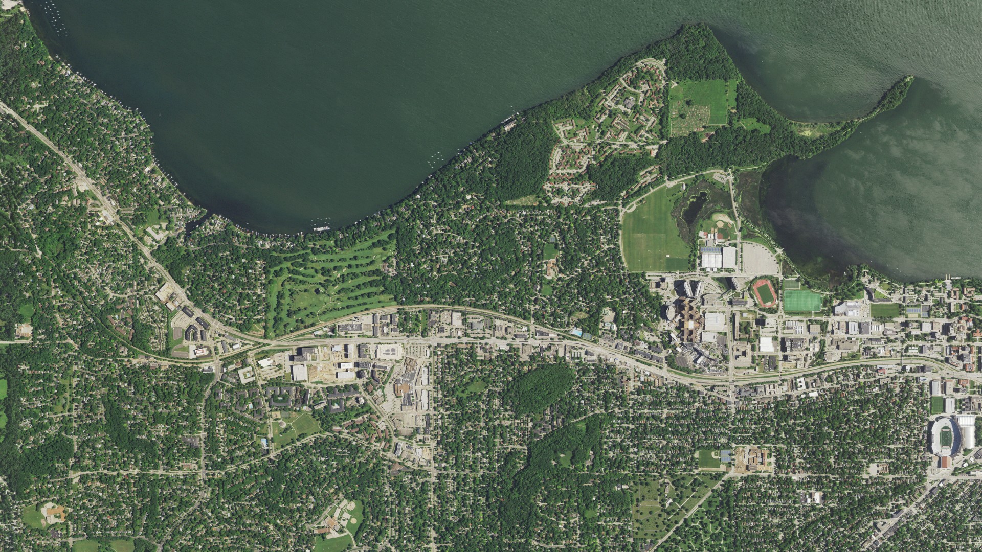Natural-color aerial photograph of land around Shorewood Hills, Wisconsin