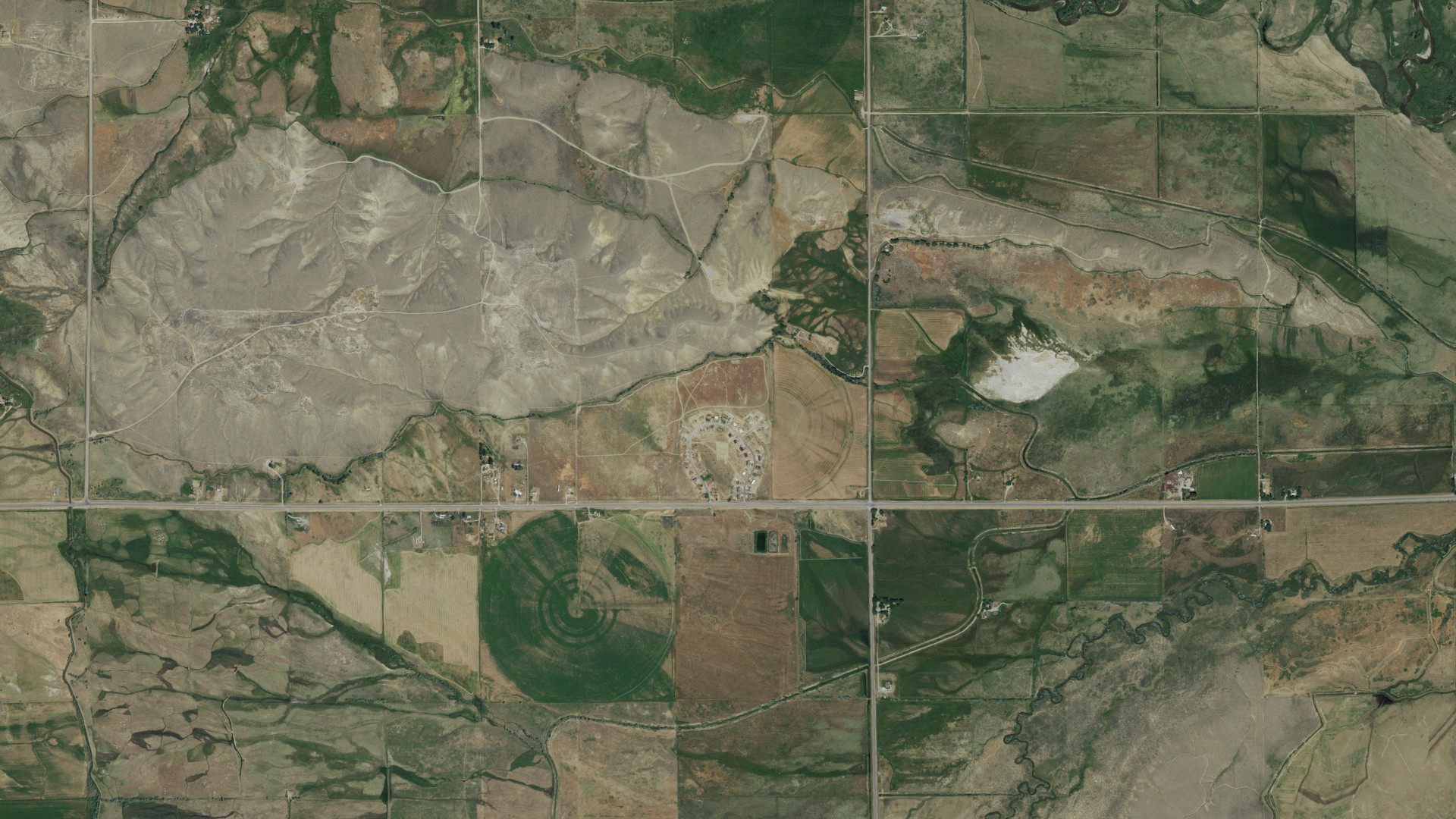 Natural-color aerial photograph of land around Ethete, Wyoming