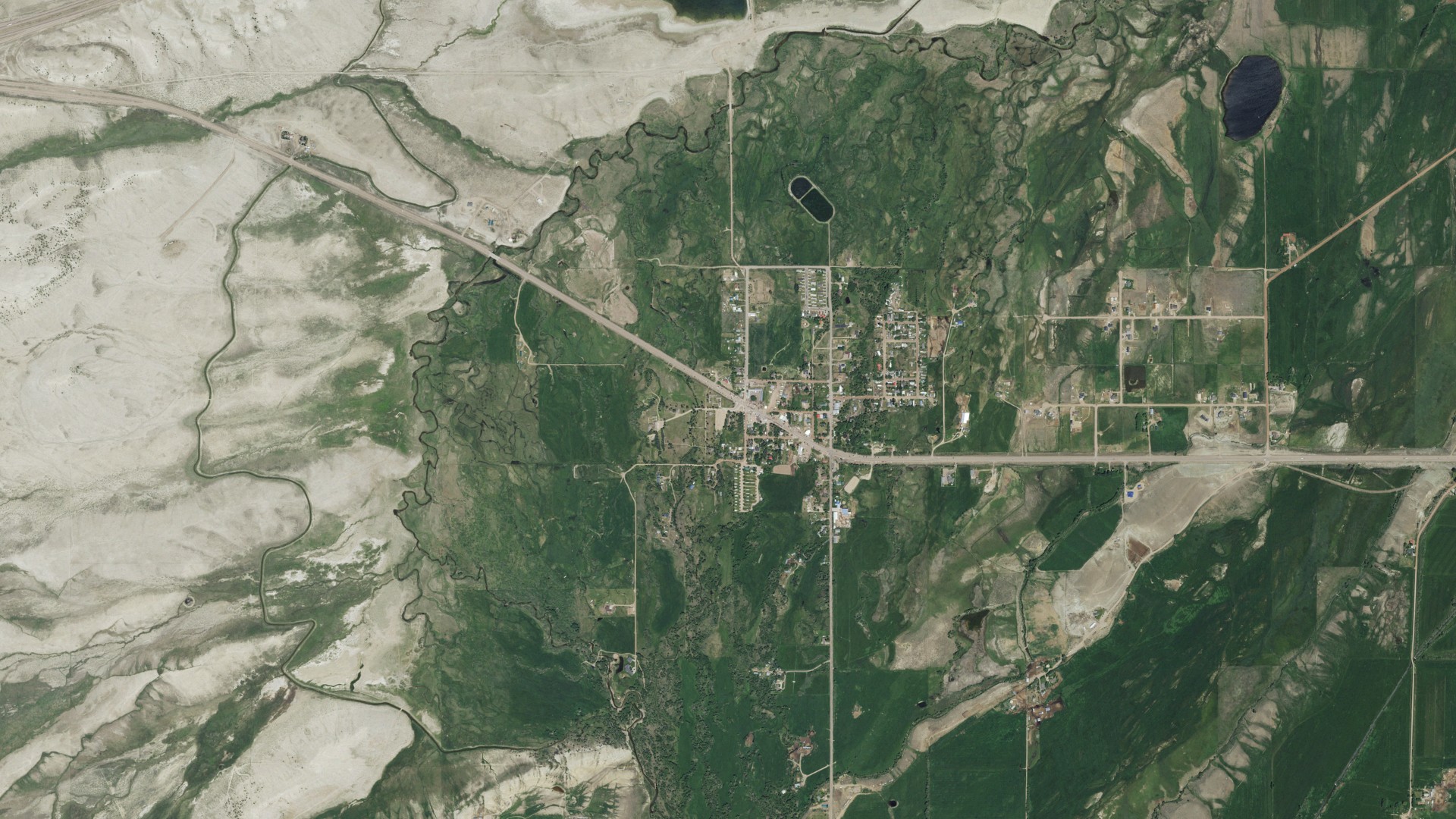 Natural-color aerial photograph of land around Fort Bridger, Wyoming