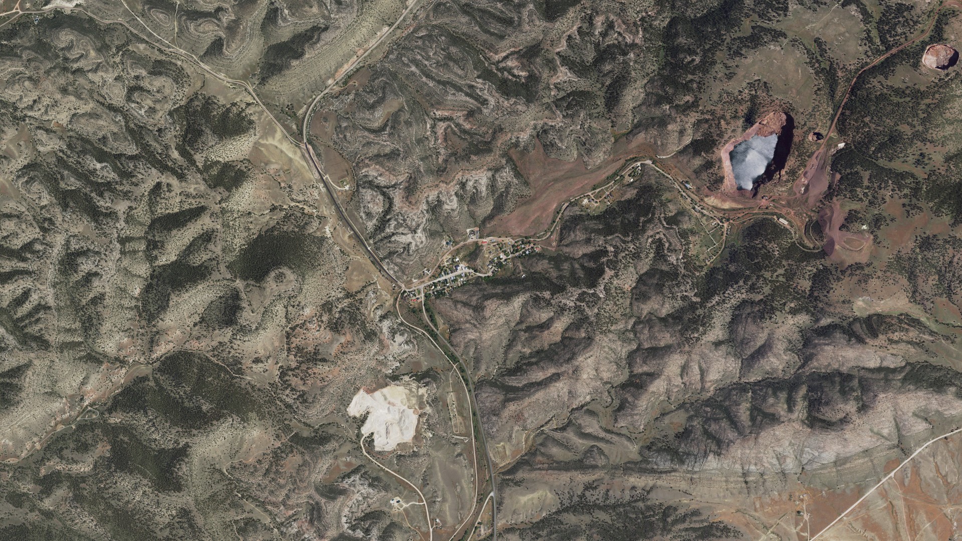 Natural-color aerial photograph of land around Hartville, Wyoming