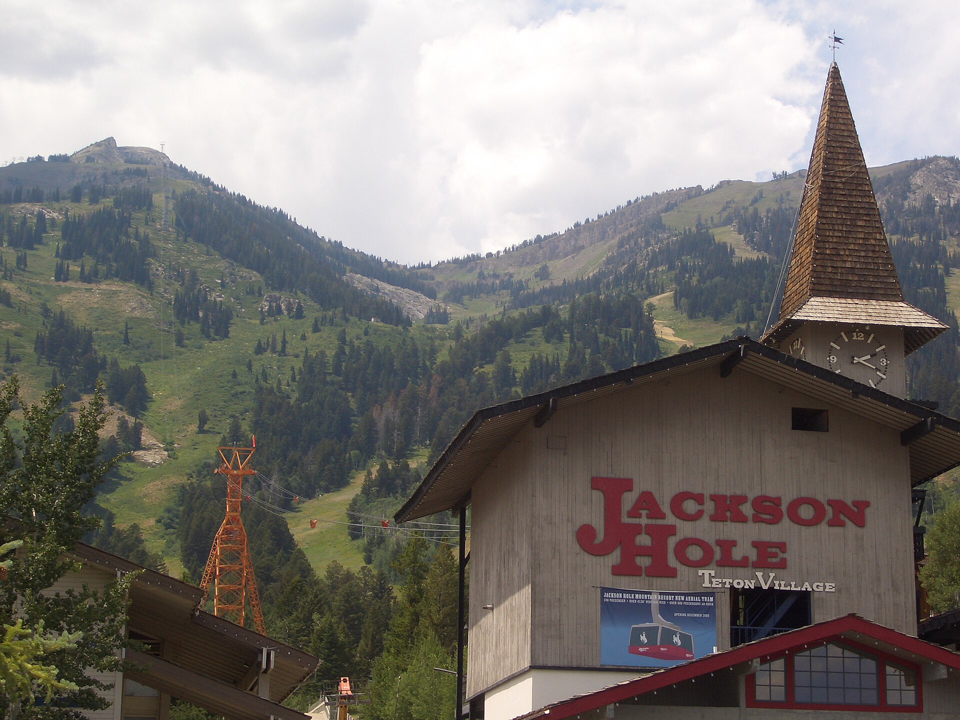Picture of the clock tower and tram station at the base of the Jackson Hole Mountain Resort in Teton Village, Wyoming which is now gone. Taken by Jordan Crouse on July 15, 2007.